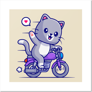 Cute Cat Riding Motorcycle Cartoon Posters and Art